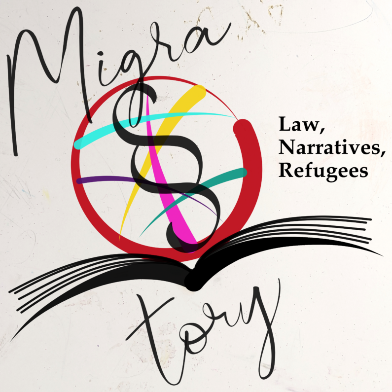 Cover of podcast Migra§tory: Law, Narratives, Refugees showing an open book with a section mark inside a red bubble and the text Law, Narratives, Refugees on the right hand side. Top text: Migra, bottom text: tory